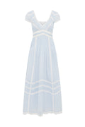 Baby blue midi dress with V-neck, short puff sleeves, and vertical embroidered trim