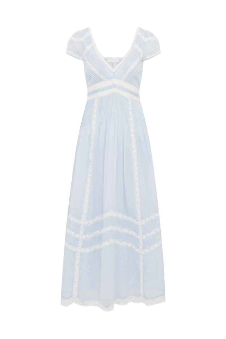 Baby blue midi dress with V-neck, short puff sleeves, and vertical embroidered trim