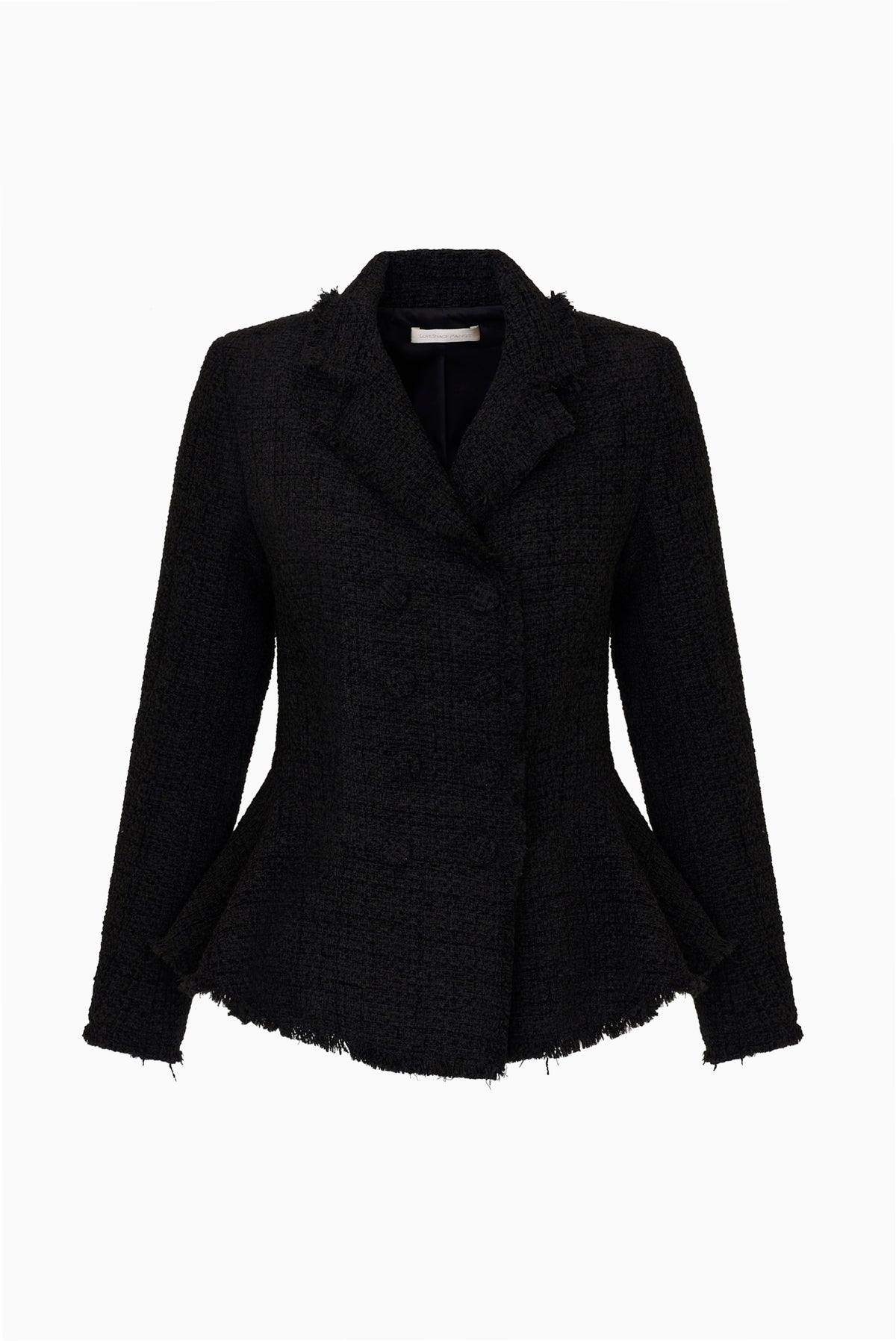 Black tweed peplum jacket flat lay with notched lapel and long sleeves