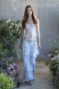 Floral cotton peplum cami with spaghetti straps, button front and lace trim