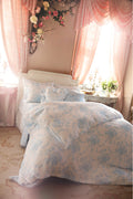Light blue floral cotton sateen sheet set with matching pillowcases and bedspread