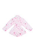 Light pink heart-pattern cotton bath robe, belted waist, long sleeves