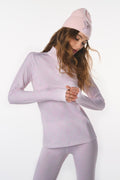 Women’s lavender half-zip pullover with subtle allover pattern, long sleeves