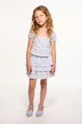 Girls floral striped puff-sleeve top with layered ruffle hem and smocked waist