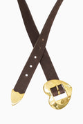 Dark brown belt with gold heart-shaped buckle and eyelet holes