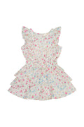 Girls cotton floral dress flat lay, sleeveless tiered ruffle hem, confetti bloom print