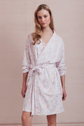 Pastel heart print robe with V-neck, tie belt at waist, three-quarter sleeves