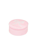 Round zip jewelry case in dusty rose pink, top view with bow outline on lid
