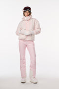 Light pink patterned ski pants with front zipper, pockets, and straight legs