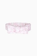 Bow print beauty headband, light pink with bow pattern and gathered edge