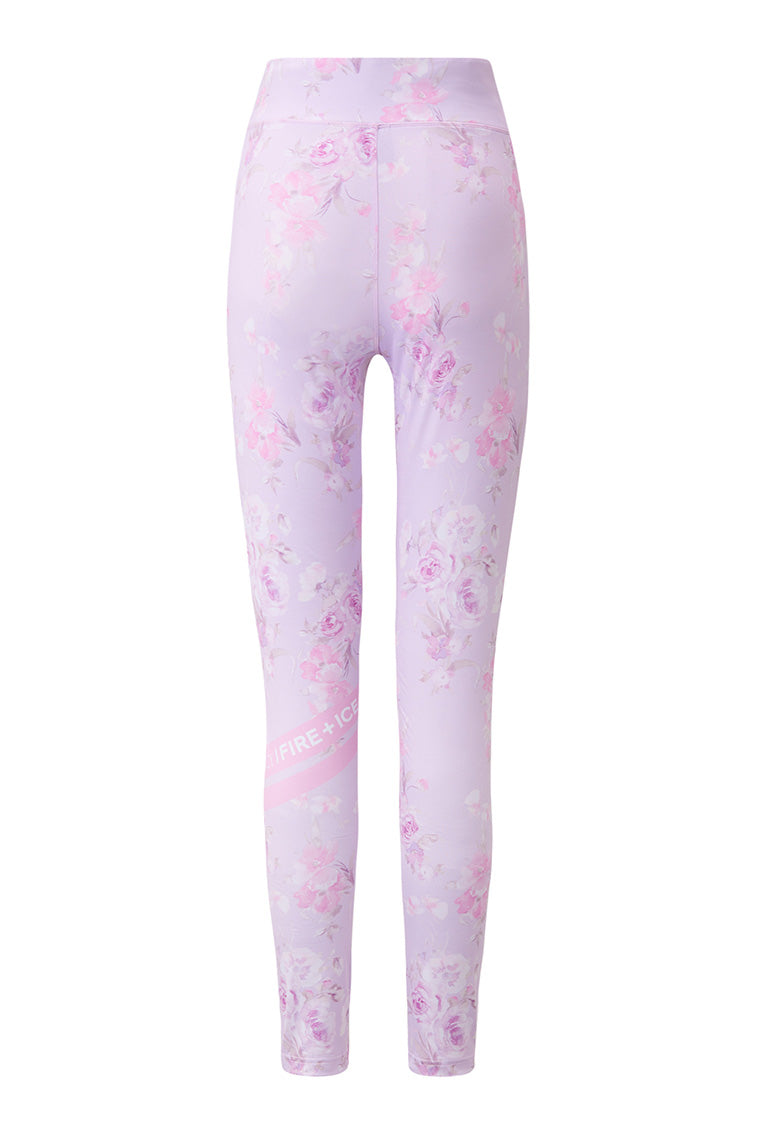 Pink floral-print leggings with straight leg silhouette and clean back view.