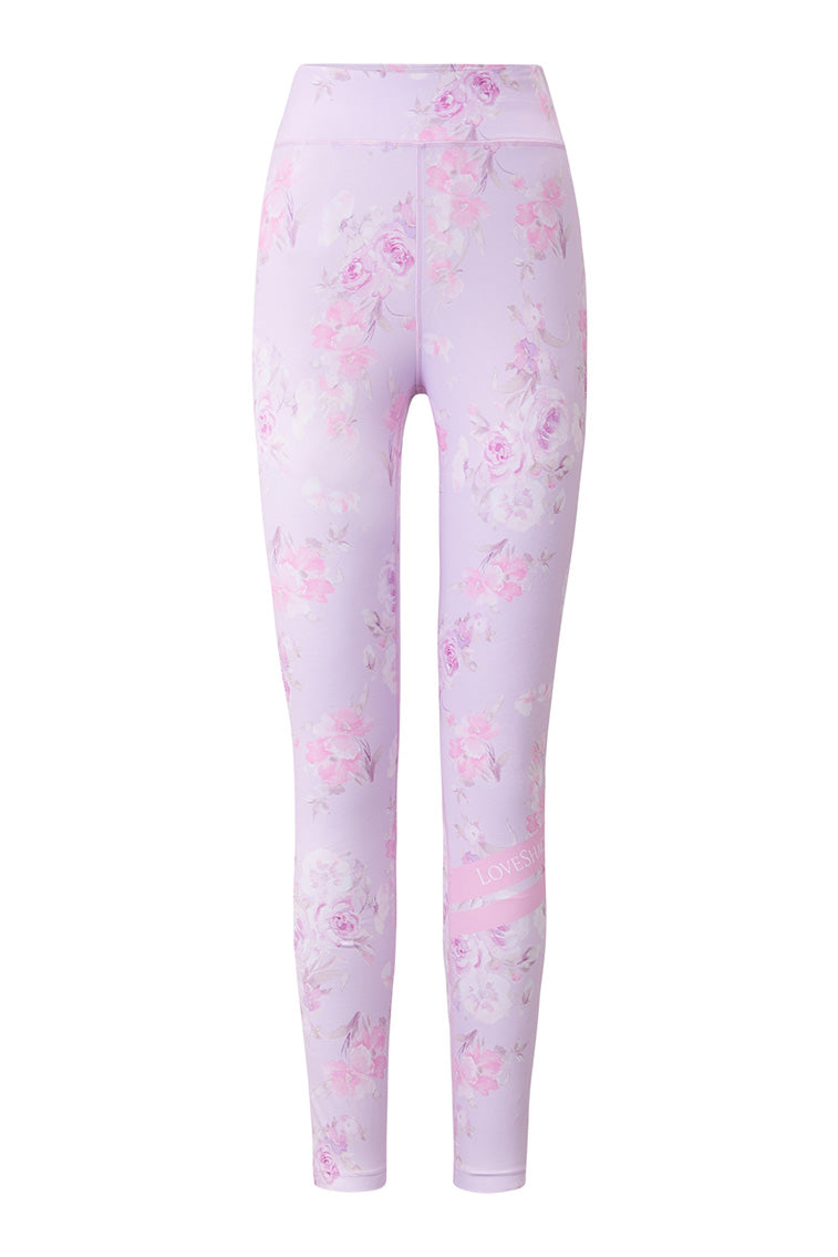 Pink floral-print leggings with straight leg silhouette and ankle-length hem.