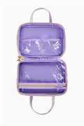 Purple glossy travel box with top handle, open two-compartment interior