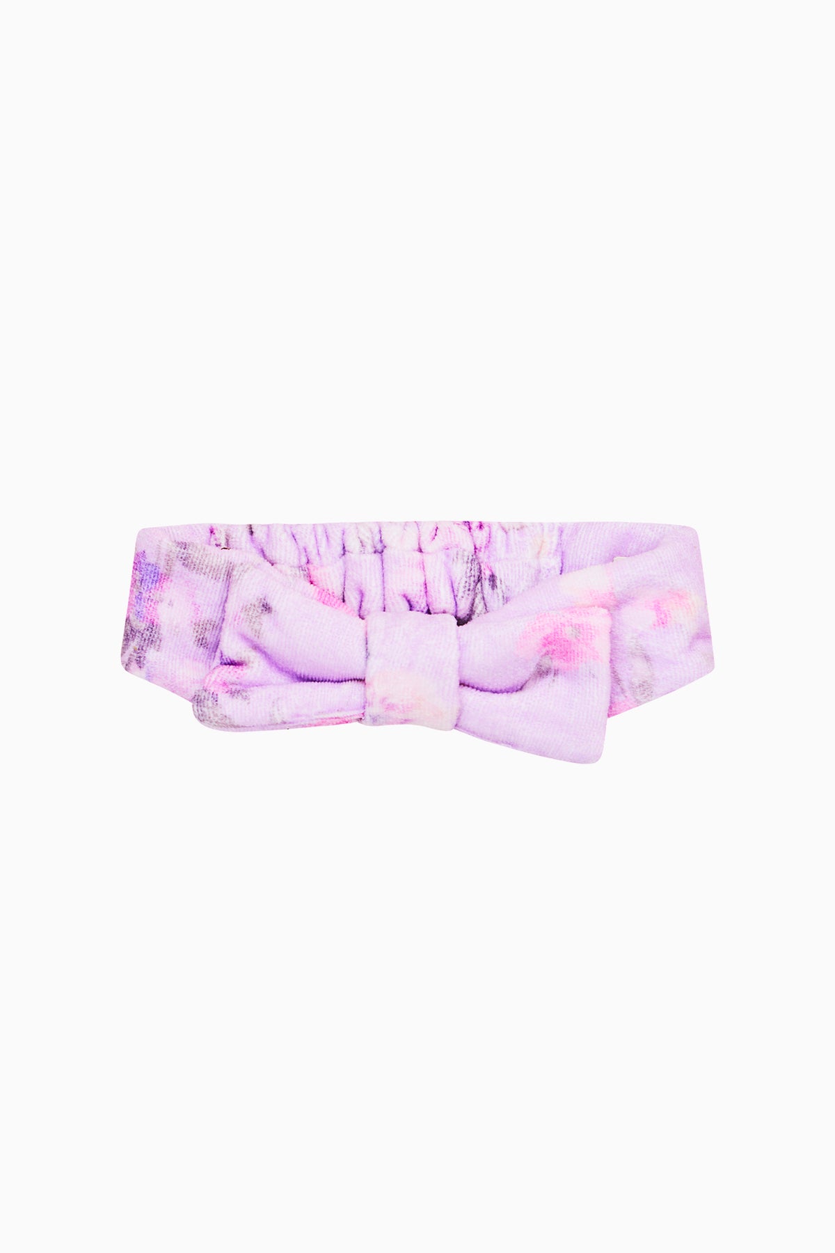 Purple-pink bow face-wash headband with padded knot and gathered band