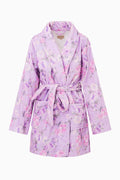 Purple floral cotton bathrobe with shawl collar and tie belt, long sleeves, front view