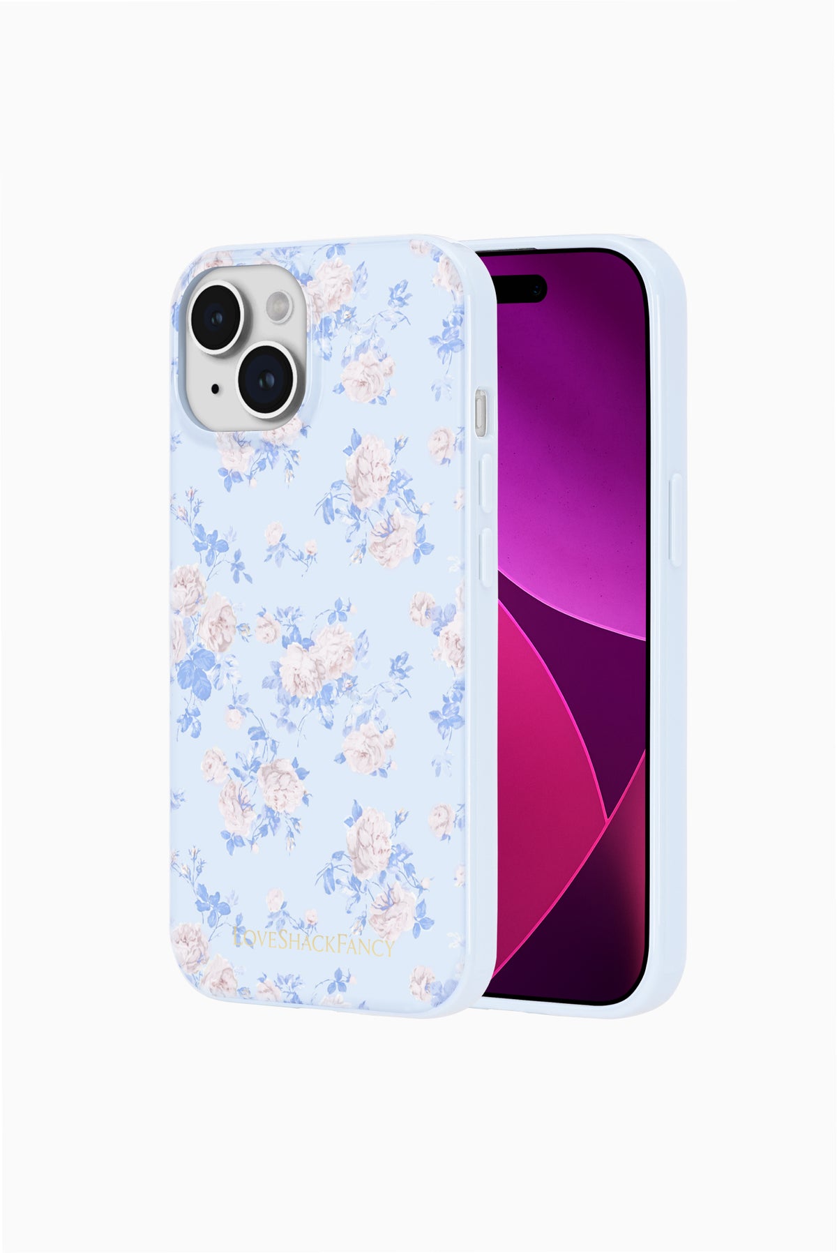 Light blue floral iPhone case with rosette pattern and phone screen edge visible