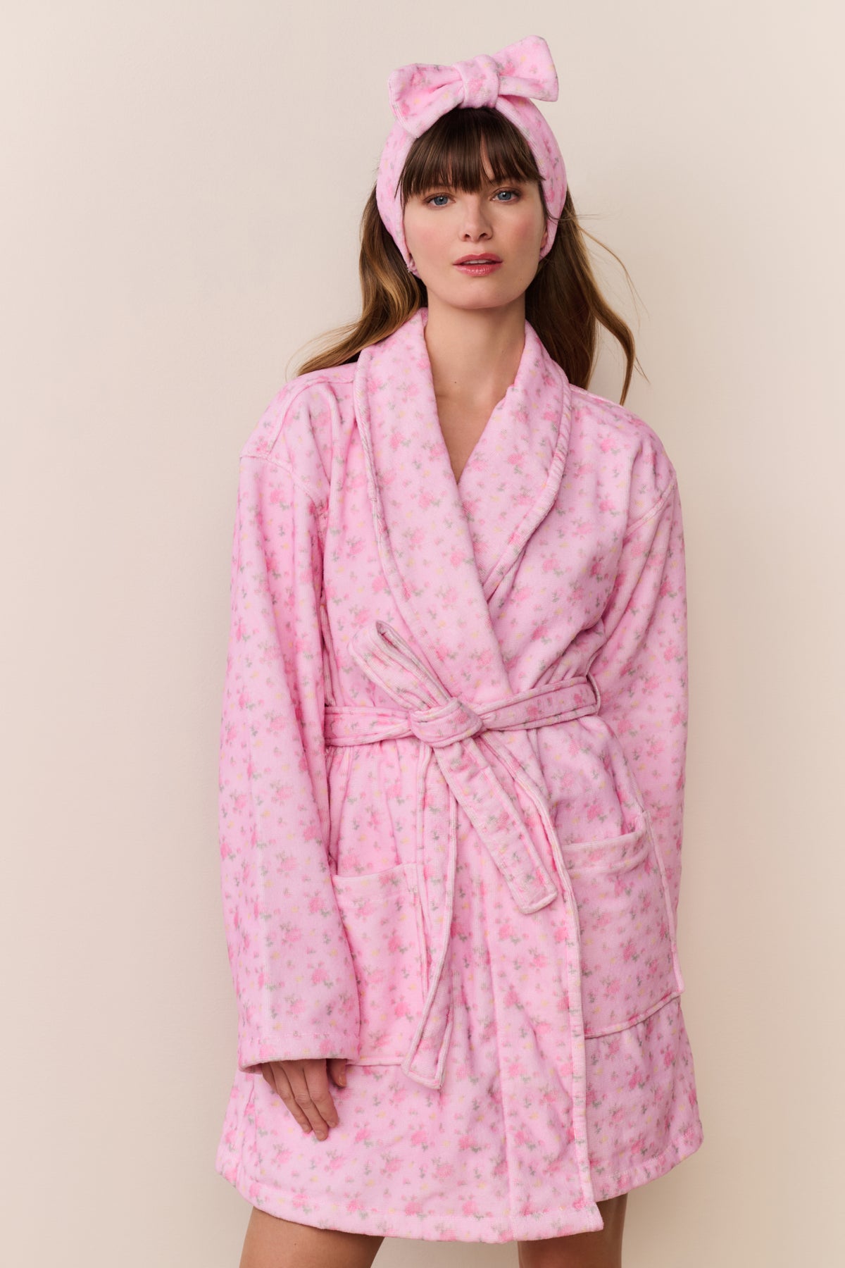 Pink cotton bath robe with hood and tie belt, long sleeves, pink floral pattern