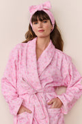 Pink cotton bath robe with hood bow, tie belt, long sleeves, floral fabric