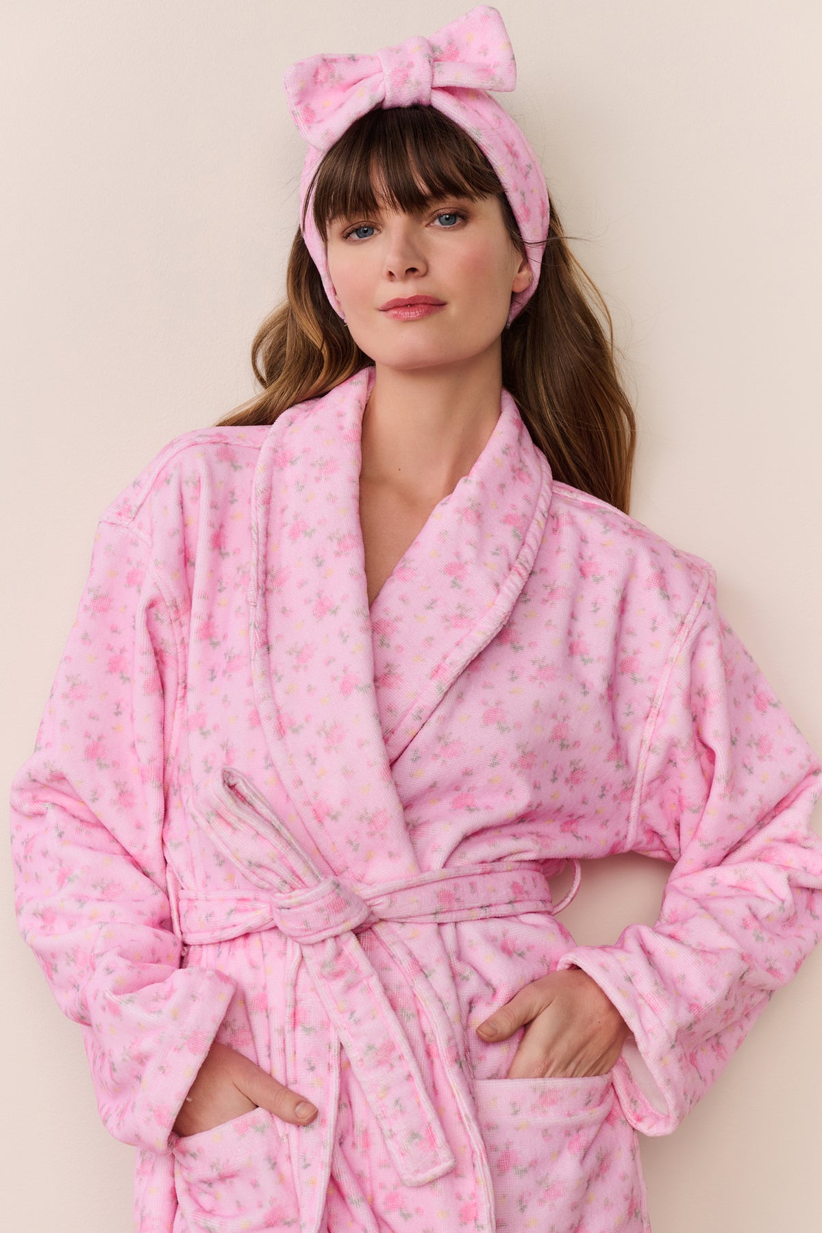 Pink cotton bath robe with hood bow, tie belt, long sleeves, floral fabric