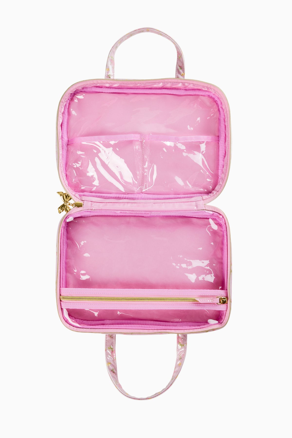 Pink glossy travel box with top handle, open two-compartment interior