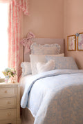 Light blue floral duvet cover set with two shams, ruffled trim, and heart pillow