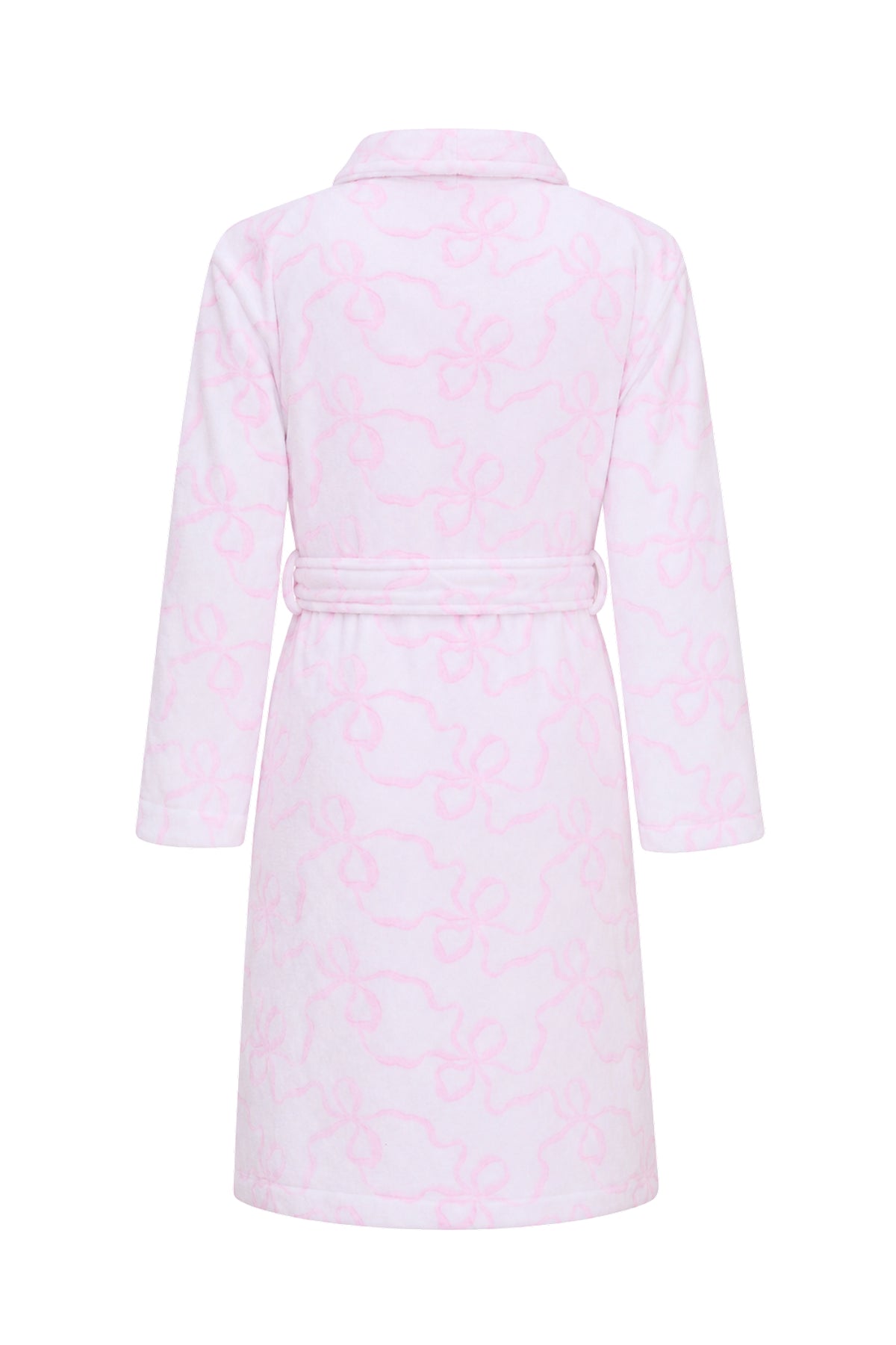 Kids cotton bath robe, white with pink motif, back view, tie belt, long sleeves