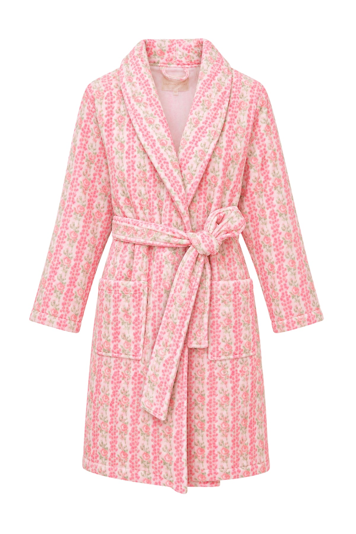 Kids cotton bath robe, pink floral print, wrap belt, shawl collar, long sleeves