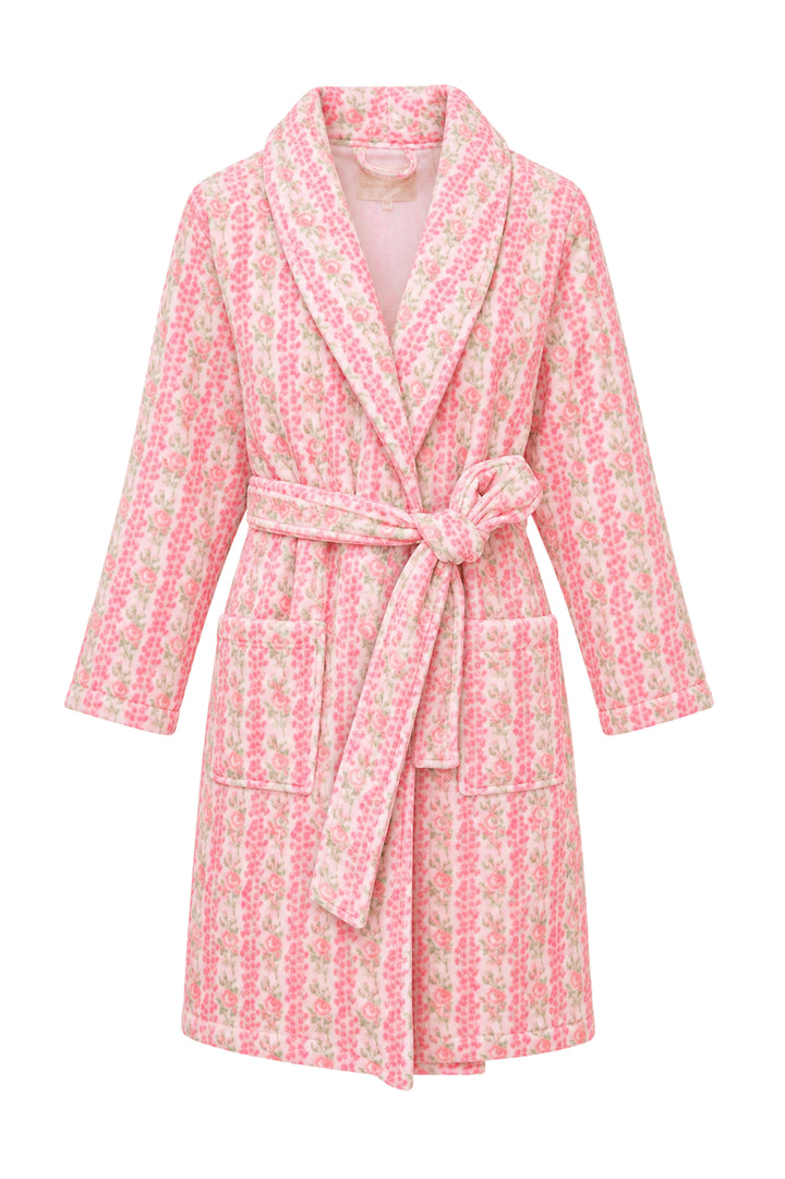 Kids cotton bath robe, pink floral print, wrap belt, shawl collar, long sleeves