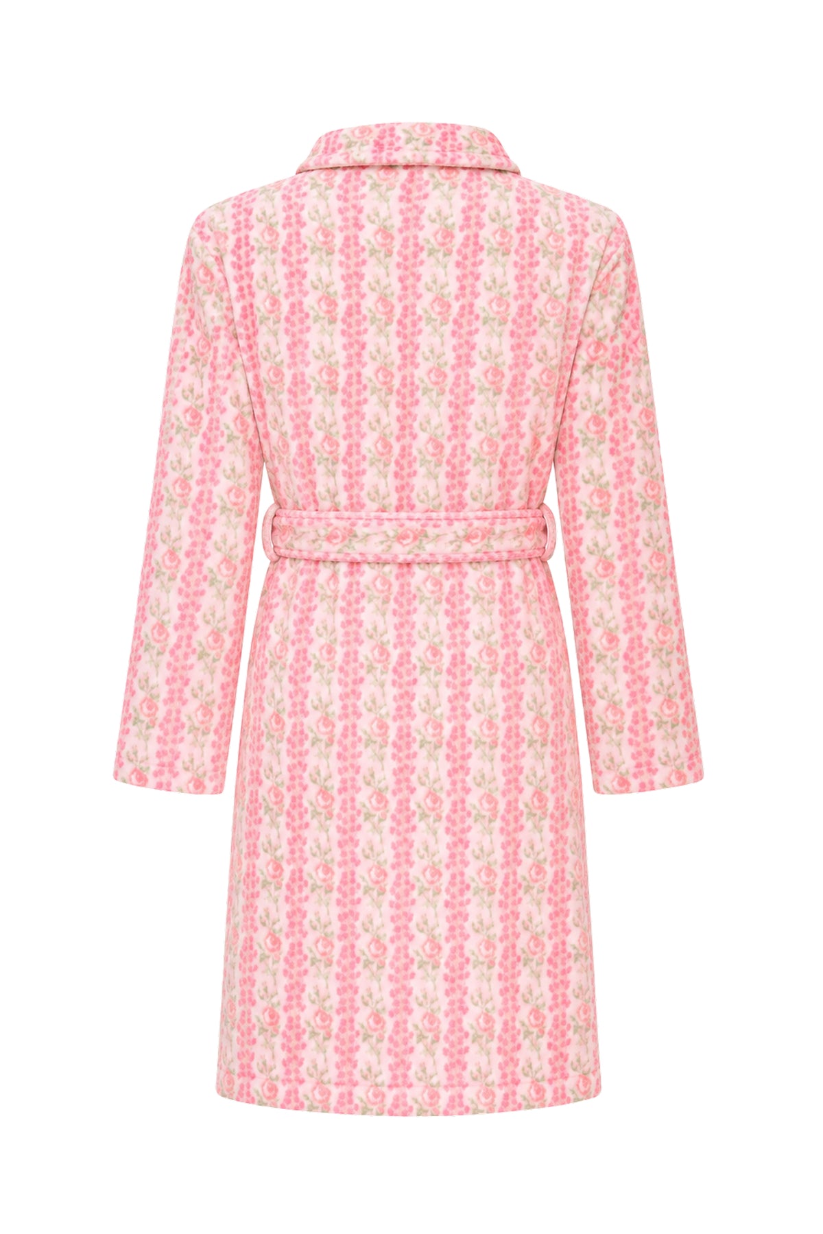 Kids cotton bath robe, pink floral print, back view, tie belt, shawl collar, long sleeves