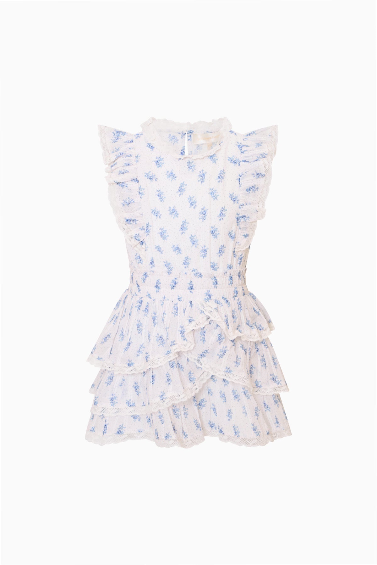 Girls' light blue cloud-print ruffle tier dress, sleeveless with gathered waist