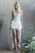 Ivory lace ruffle high-low skirt with layered tiered hem and scalloped edges