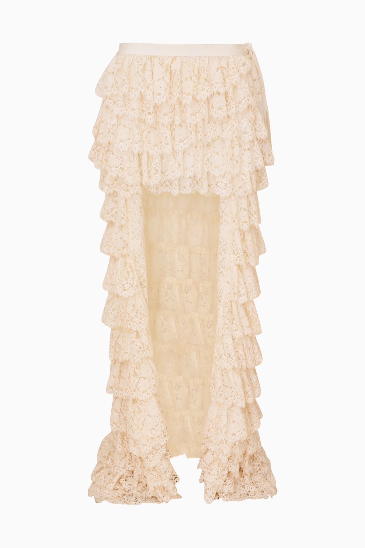 Ivory lace ruffle high-low skirt with layered tiers and textured lace pattern