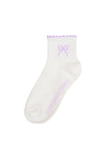 Doyenne cotton bow ankle socks, white with lilac bow logo and lilac ribbed cuff