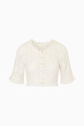 White cotton Victorian crop top with button-front and lace-trim sleeves