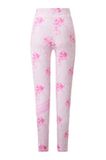 Pink floral-print leggings with straight fit and centered front seam detail.