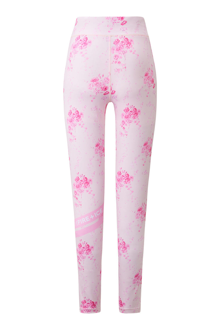 Pink floral-print leggings with straight fit and centered front seam detail.
