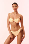 Marigold yellow polka-dot bikini set with sweetheart cups and center knot