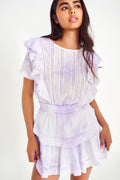 Lavender mini dress with ruffled sleeves, tiered skirt, and vertical embroidered stripes
