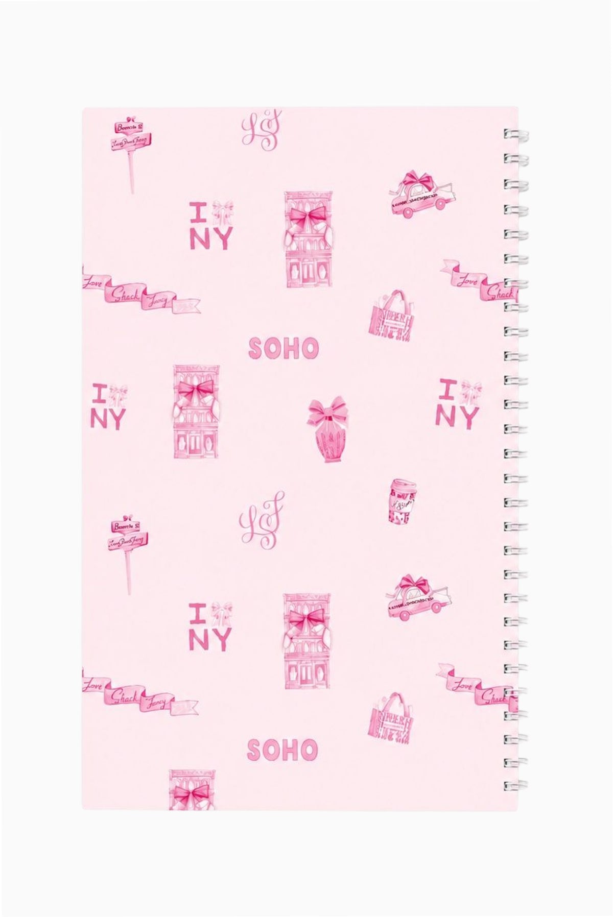 Spiral notebook with pink SOHO print cover and metal coil spiral binding on right