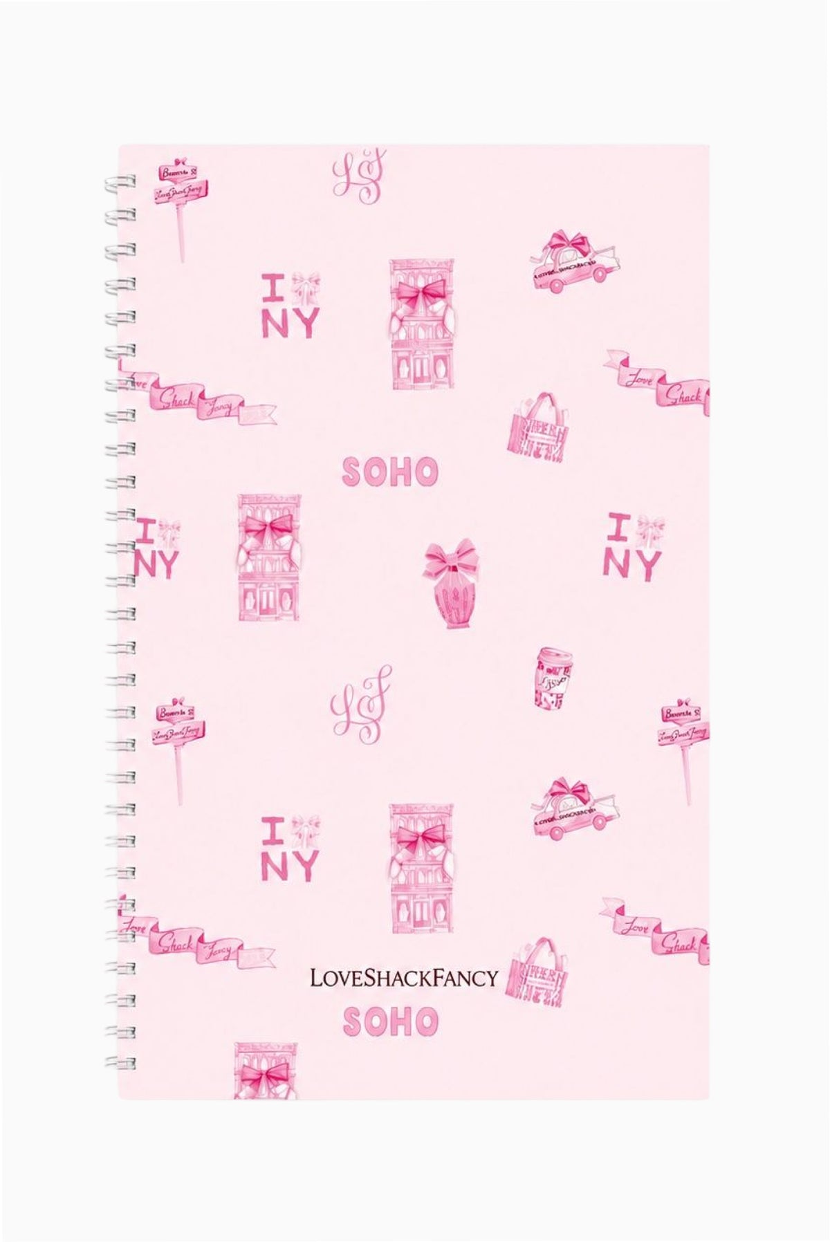 Spiral notebook with pink SOHO print cover and metal coil spiral binding on left