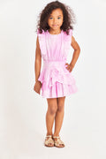 Girls pink tiered ruffle dress with smocked waist and sleeveless tiered skirt