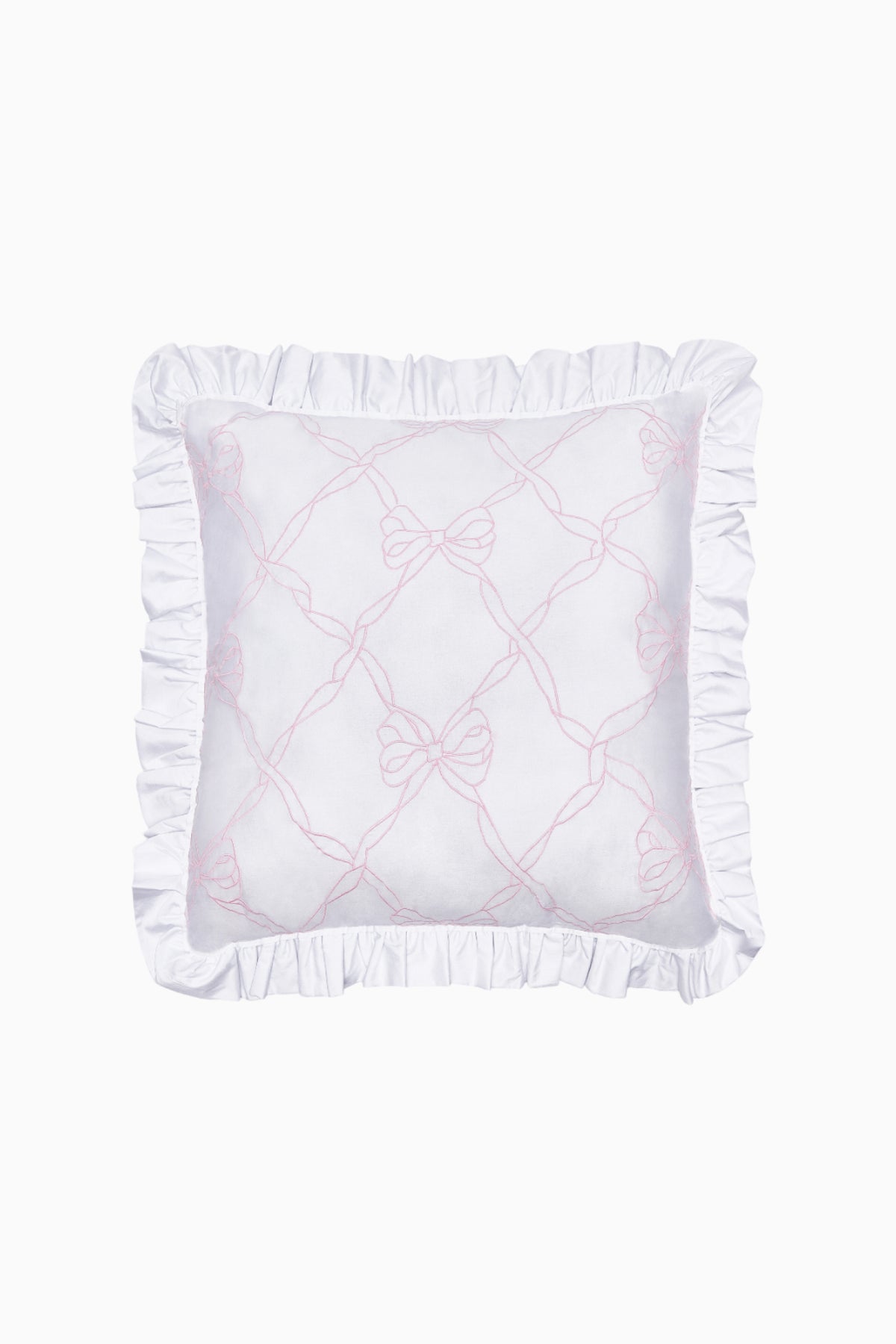 Rosewater embroidered euro pillow with white ruffle trim and bow lattice embroidery