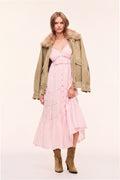 Pink midi cotton dress with V-neck, spaghetti straps, and embroidered front panels