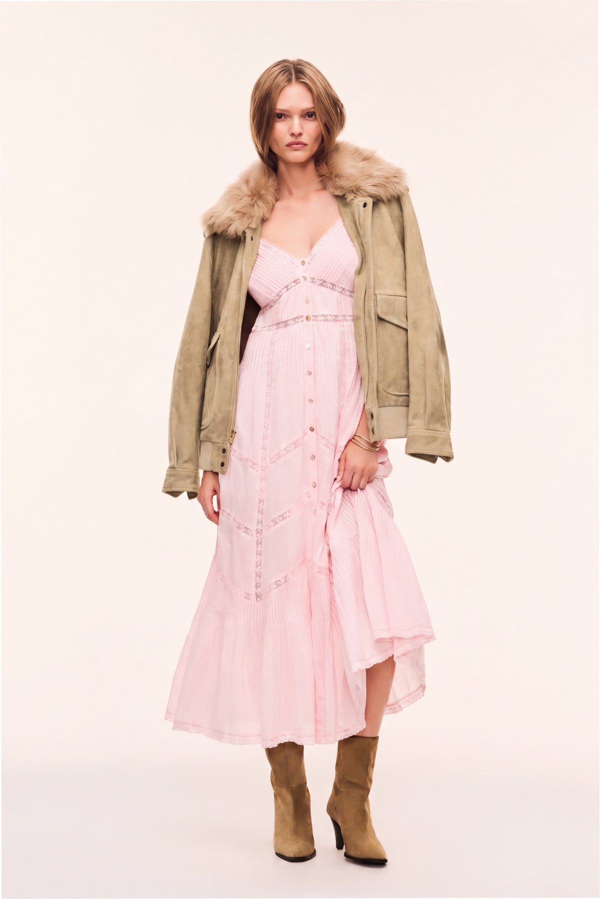 Pink midi cotton dress with V-neck, spaghetti straps, and embroidered front panels