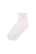 Doyenne cotton bow ankle socks, white with pink bow logo and pink ribbed cuff