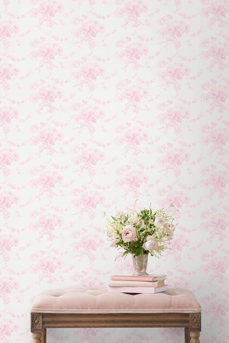Peel-and-stick floral wallpaper with pale pink rose and vine pattern