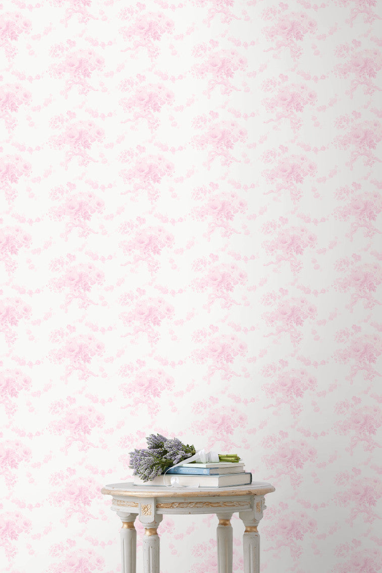 Peel-and-stick floral wallpaper in soft pink on a light background