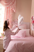Light pink floral cotton bath robe with belt tie waist and hooded collar, long sleeves