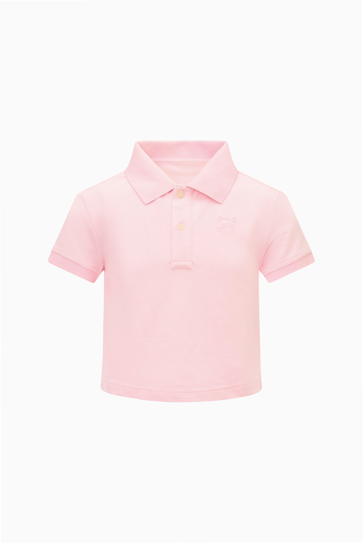 Light pink polo shirt with short sleeves and button placket