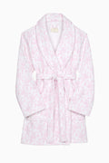 Light pink cotton bath robe flat lay, hooded robe with subtle bow print